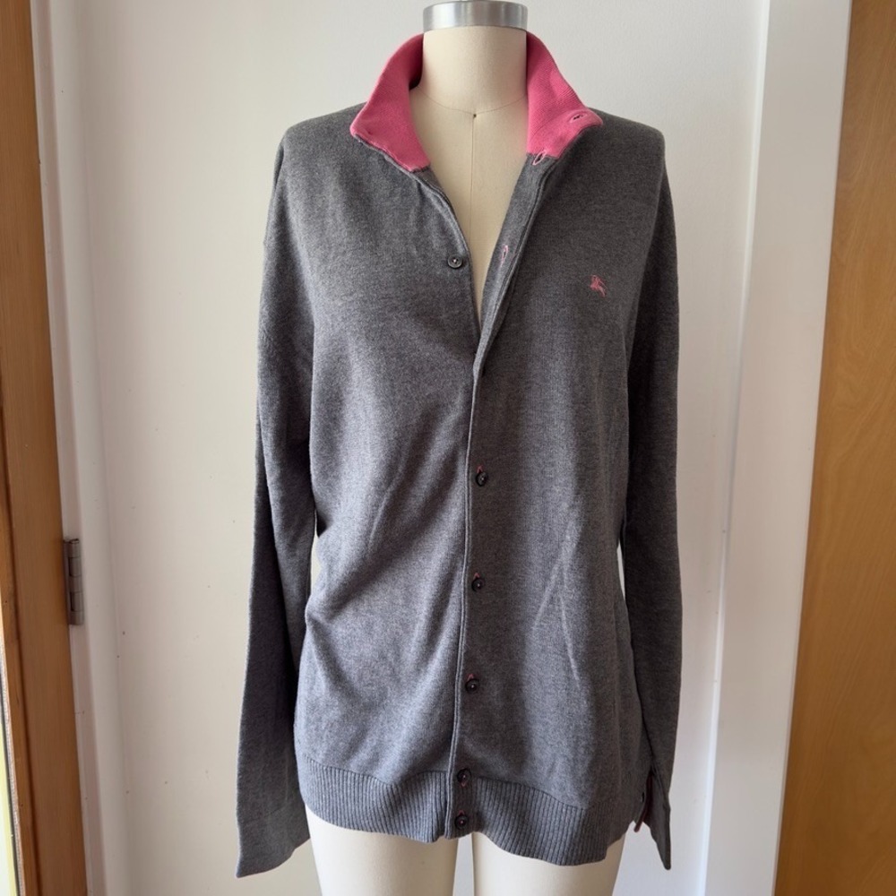 Burberry BLACK Label Womens Grey & Pink Long Sleeve Cotton Logo Cardigan-Sz US L